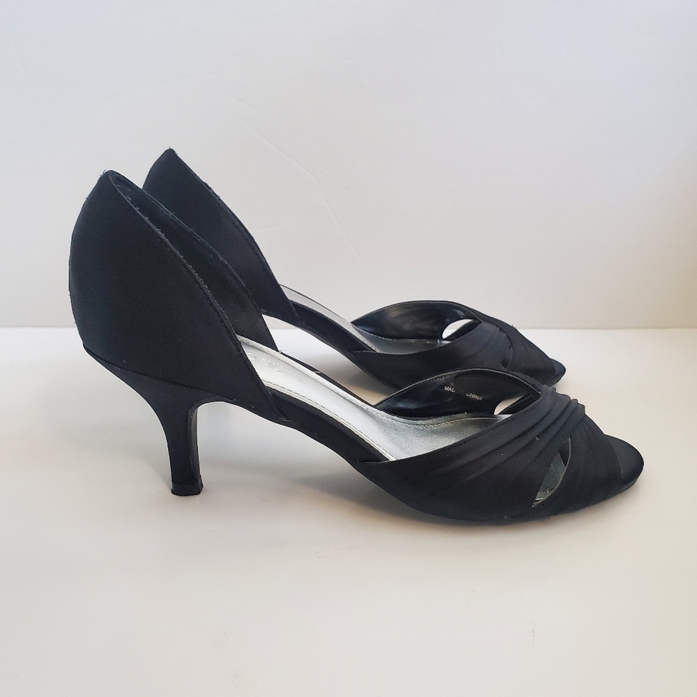 LE CHATEAU Black Sateen Kitty Heel Shoes Open Toe Gather Criss Cross Design 7M